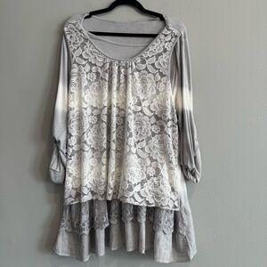 Kaktus Tunic Top Mix Media Boho Tie Dye Stretch Roll Tab Sleeves XL